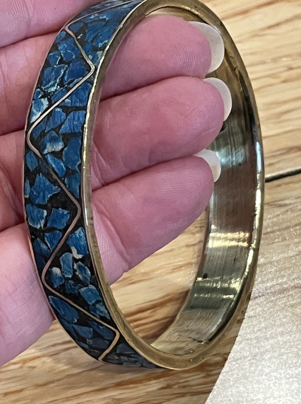 VTG Handmade Brass Bracelet Turquois Chip Mosaic Inlay 1/2" wide 2.5” Bangle